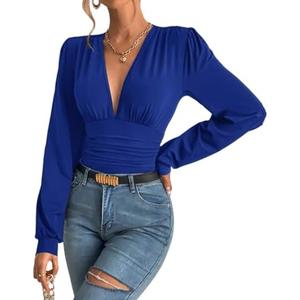 SURRO Women's Bodysuit Shirts Elegant Deep V Neck Leotard Blouses Long Sleeve Belly Hiding Tops Hook Closure XS