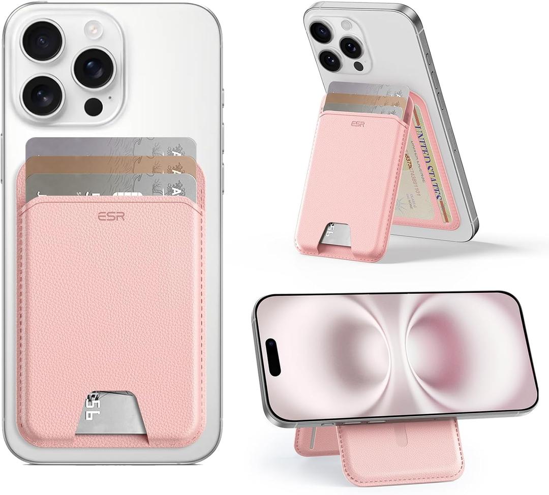ESR Upgraded Aura for MagSafe Wallet, 5 Card-Holder with Adjustable Stand, Magnetic Wallet for iPhone 17/16/15/14/13/12 Series, Not for iPhone Mini, Vegan Leather, Pink
