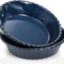 Peohud 2 Pack Ceramic Pie Pans, 10 Inch Deep Fluted Pie Plate, 54 Ounce Round Baking Dish for Quiche, Apple Pecan Pie, Pot Pie, Blue