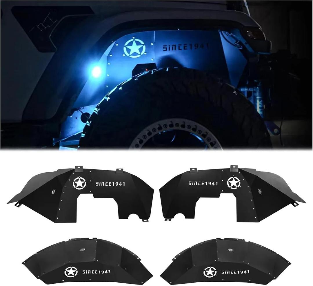Front & Rear Inner Fender Liners Wheel Cover for 2018-2024 Jeep Wrangler JL JLU Unlimited Bolt-on Wheel Liners Engine Protection with Light & Star Logo, 4 PCS 