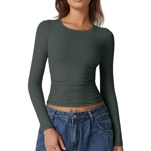 QINSEN Womens Crewneck Long Sleeve Shirt Double Lined Basic Tees Side Ruched Going Out Crop Tops (Medium, Dark Green)