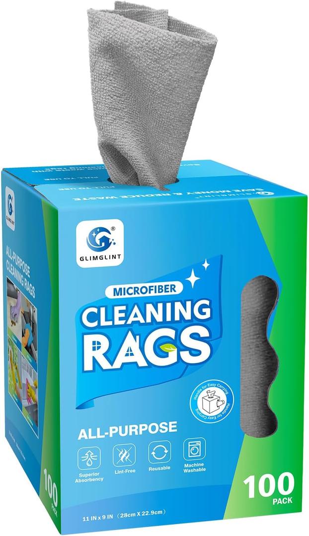 GLIMGLINT Microfiber Cleaning Cloth, 100 Pack Cleaning Rags, Lint-Free, Ultra Absorbent Reusable Paper Towels for Home, Kitchen, Car, Garage or Shop, Microfiber Rags, 11" x 9", Grey