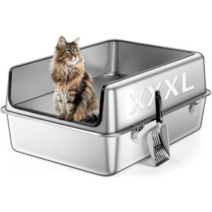 XXXL Stainless Steel Cat Litter Box, 28" L x 19.7" W x 12" H Extra Large Semi Enclosed Removable Metal Litter Tray with High Sided Enclosure, Scoop, Anti-Leakage, Non-Sticky, Easy Cleaning