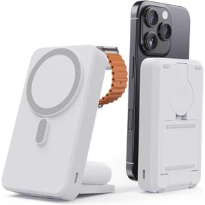 3-in-1 Portable Charger, 10000mAh Foldable Power Bank Fast Charging,MagSafe Charger Battery Pack Magnetic,Travel Wireless Charging Station for iPhone 16/15/14/13/12,iWatch, Air pods, White