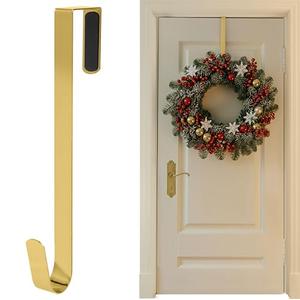 SR ESSENTIALS Wreath Hanger for Front Door, 12" Wreath Door Hanger for Hanging Clothes, Bags - Wreath Hook Perfect for Halloween Wreath, Wedding & Christmas Decorations Over Door Hanger (1Pc Golden)
