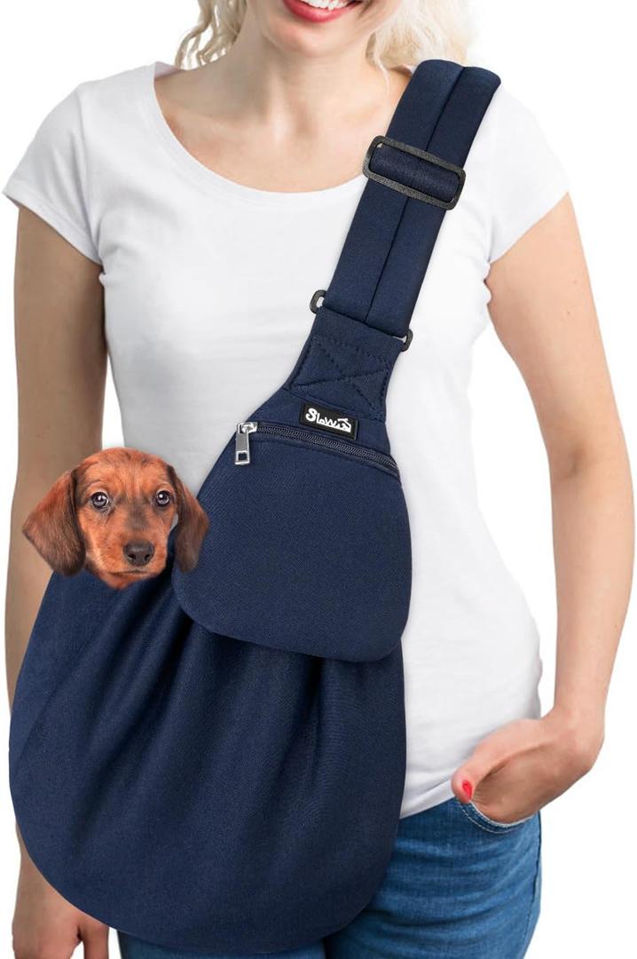 SlowTon Dog Carrier Sling - Thick Padded Shoulder Strap Adjustable Dog Carriers for Small Dogs, Puppy Carrier Purse for Pet Cat with Front Zipper Pocket Safety Belt Machine Washable (Dark Blue, L) (F-Navy Knitted Fabric)