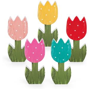 5 Pcs Retro Spring Tulip Wooden Table Sign Rustic Farmhouse Tulip Tabletop Centerpiece Colorful Flower Blocks Tiered Tray Decoration for Home Party Office Mantel Decor