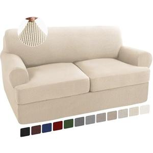 Turquoize 3 Piece T Cushion Loveseat Slipcovers Sofa Cover for 2 Cushion Couch Cover Washable Slipcover Furniture Covers with 2 Individual T Cushion Seat Covers (2 Cushion Loveseat, Biscotti Beige)
