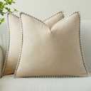 Linen-Look Pillow Covers Set of 2, Decorative Throw Pillow Covers 20 x 20 Inch, Neutral Boho Shell Seamed Cushion Soft Farmhouse Vintage Cozy Home Decor for Living Room Bedroom, Beige
