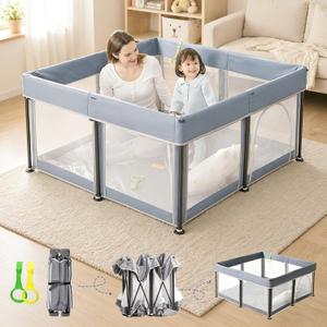 Foldable Baby Playpen, 50" x 50" Safety Play Yard for Babies & Toddlers, Baby Fence, Soft Oxford Fabric & Breathable Mesh for Indoor Outdoor Activity Center, Portable Playpen Ideal for Apartments