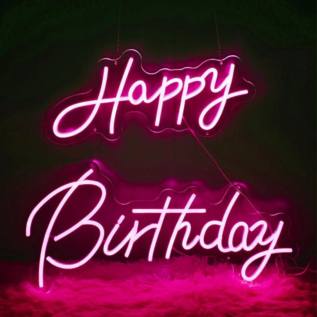 22x16.9 Inch Large Happy Birthday Neon Sign, Dimmable Pink LED Neon Light Sign for Party Backdrop, USB Wall Decor for Bedroom,Reunion,birthday