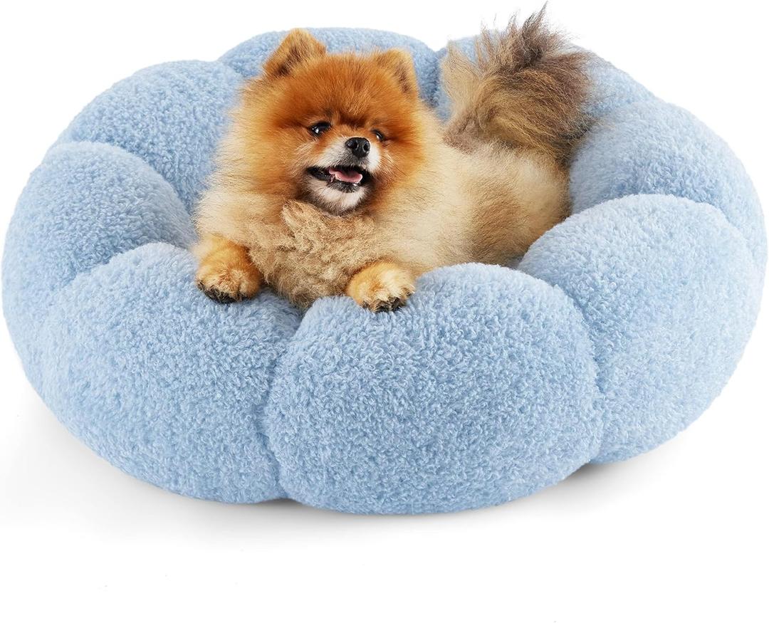 Lesure Calming Small Dog & Cat Bed - Plush Teddy Sherpa, Non-Slip, Fits up to 25 lbs, Machine Washable, Blue 23" Round Donut (23.0"L x 23.0"W x 8.0"Th)