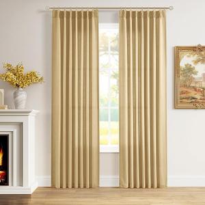 Aersas Gold Pinch Pleated Linen Curtains 84 Inch Length 2 Panels for Living Room Bedroom Semi Sheer Window Curtain Boho Neutral Back Tab Pinch Pleat Drape with Hooks 40x84