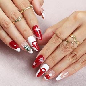 Christmas Press on Nails - Medium Almond Red French Tip Fake Nails Cat Eye False Nails with Designs Cute Christmas Hat Snowflake New Year Glossy DIY Glue on Nails for Women Girls 12 Sizes - 24 Pcs