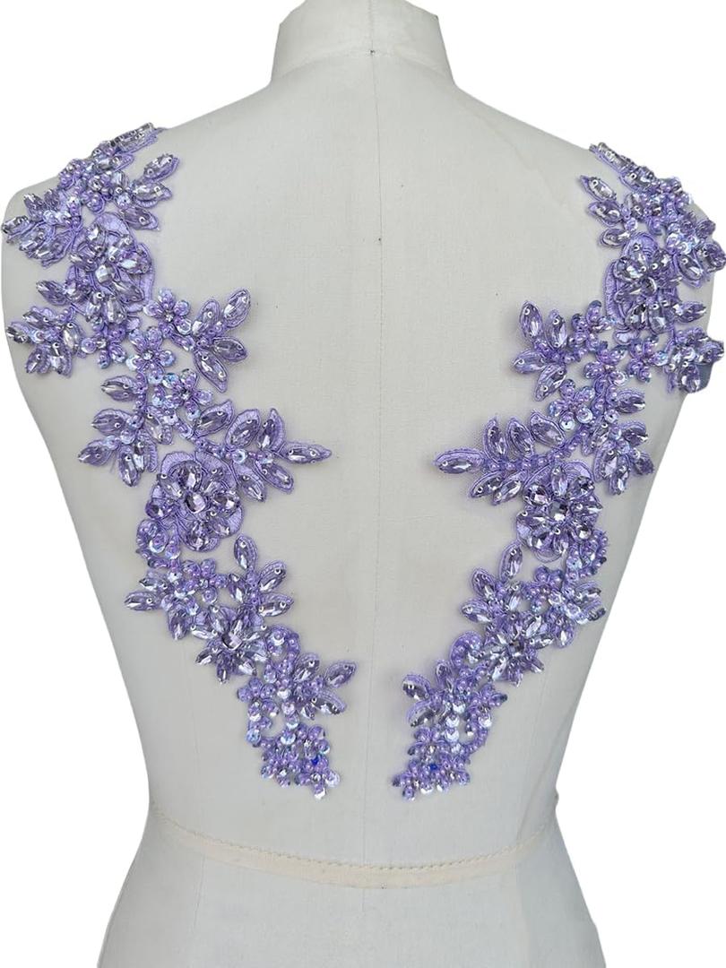 Handmade Rhinestones on lace Applique Sewing Beads Sequins Trim Patches for Wedding Dress Accessories 1 Pair/Bag (Violet)