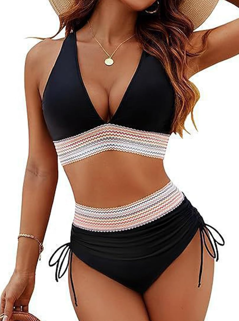 Women Bikini Two Pieces Sets High Waisted V Neck Tummy Control Swimsuits Color Block Bathing Suit with Drawstring 4XL