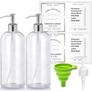 Refillable 32oz Dispenser Plastic Bottle 2pack with Steel Pumps, 1 Liter Crystal Clear Multi-Use Empty Container with Funnel for Shampoo, Conditioner, Body Wash, Liquid Hand Soap, Lotion