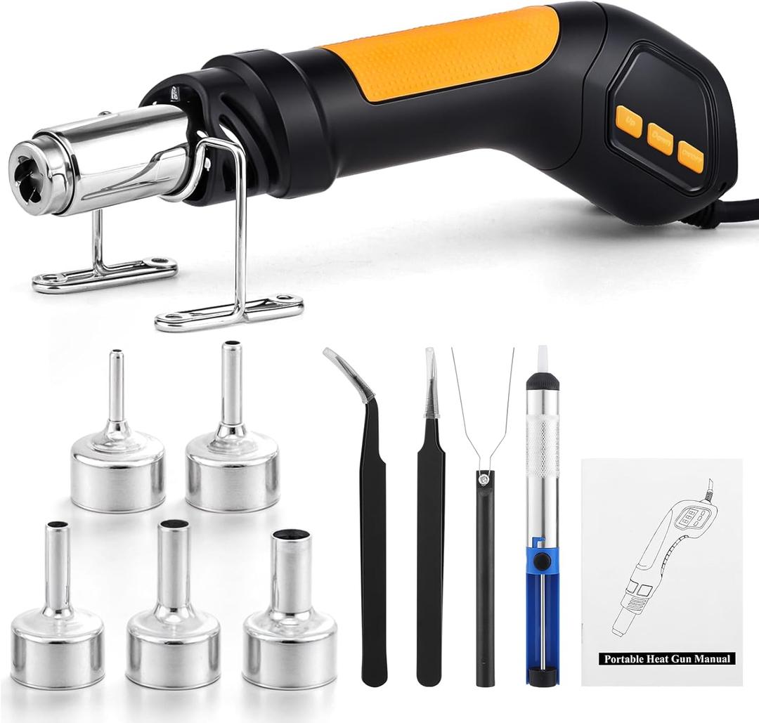 Heat Gun, 700W 212F~932(100C~500C) Mini Soldering Heat Gun Hot Air Rework Station with LED Digital Display & 5Pcs Nozzles & 5Pcs Accessories for Crafting Shrink Tubing Electronics DIY(5FT)