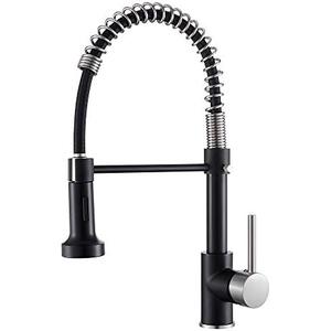 OWOFAN Low Lead Modern Single Handle Pull Down Sprayer Spring Kitchen Faucet, Brass Black&Brushed Nickel Kitchen Sink Faucets
