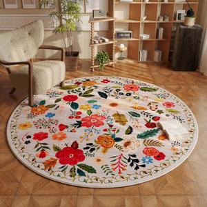 Rugcomf Round Rug 6ft Washable Circle Rug Non Slip Low Pile Boho Floral Small Circular Rug for Bedroom, Bathroom, Entryway, Kids Room, Office, College Dorm (Beige)