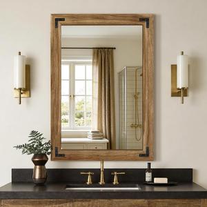 AMOISE Farmhouse Bathroom Vanity Mirror, 40" x 28" Wood Frame Wall Mirror, Vintage Rustic Decor for Entryway, Bedroom, Living Room, Vertical or Horizontal Hanging