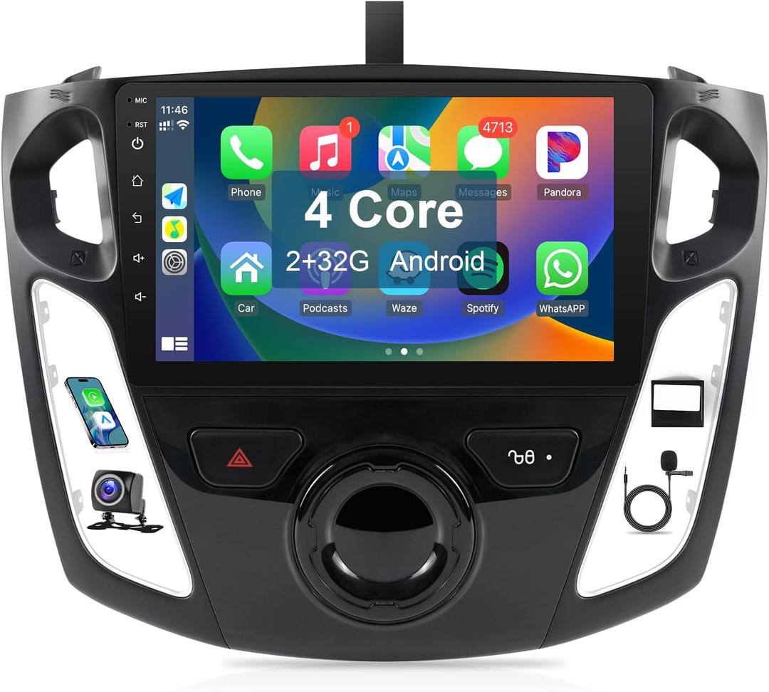 Leadfan Android Car Radio for Ford Focus 2012-2018 Stereo Upgrade with Wireless CarPlay Android Auto, 9'' HD Touchscreen with GPS Navigation Bluetooth WiFi Mirror Link Backup Camer Microphone 2+32G