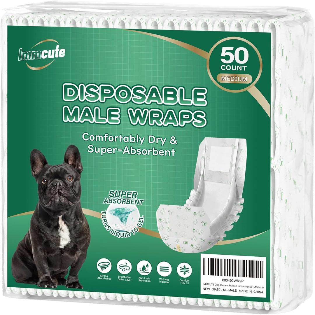 IMMCUTE Male Dog Wraps 50 Ct, Medium Size, Male Dog Diapers Disposable, Super Absorbent Leak-Proof Doggy Diapers,Belly Bands for Dogs with Wetness Indicator, Ideal for Indoor, Outdoor