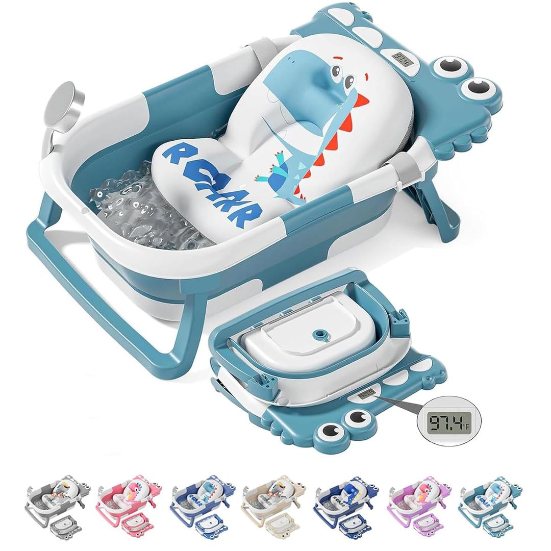 TPN Collapsible Baby Bathtub, Baby Bath Tub with Soft Cushion & Real-Time Thermometer, Baby Bathtub Infant to Toddler Tub (0-36 Months), Portable Newborn Travel Bath Tub (Blue)