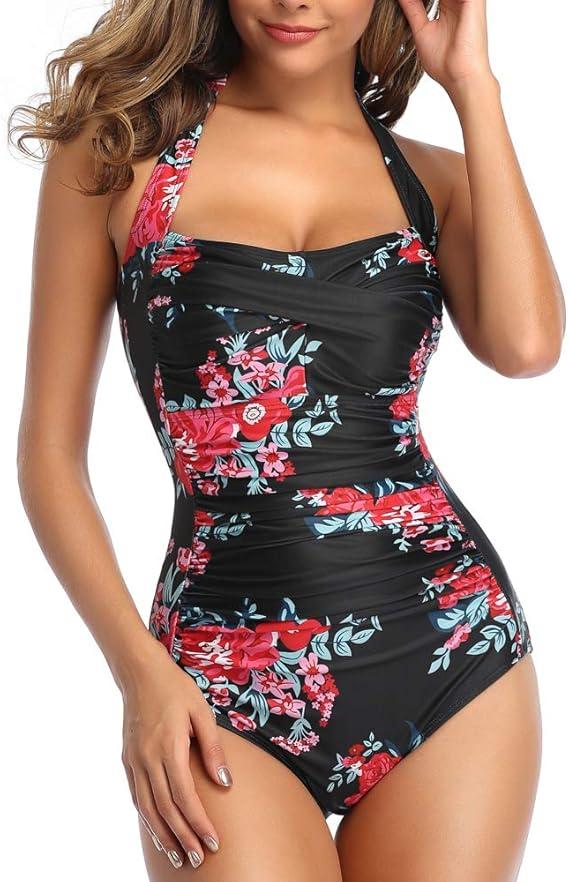 Smismivo Tummy Control Swimwear Halter One Piece Slimming Vintage Retro Swimsuit Womens Ruched Push Up Bathing Suit (Small)