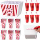 15 Pcs Movie Night Popcorn Organizer Set Family Red & White Striped Plastic Popcorn Container Reusable Drinking Cup DIY Movie Night Supplies for Family Home Theater Room Party