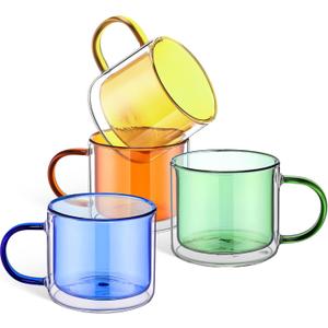 Domensi 4 Pcs Double Wall Coffee Mugs 10 Ounce Milk Glass Mugs with Handle Insulated Tea Cups Gift Set for Holidays Birthday Home Coffee Bar(Amber, Green, Blue, Yellow)