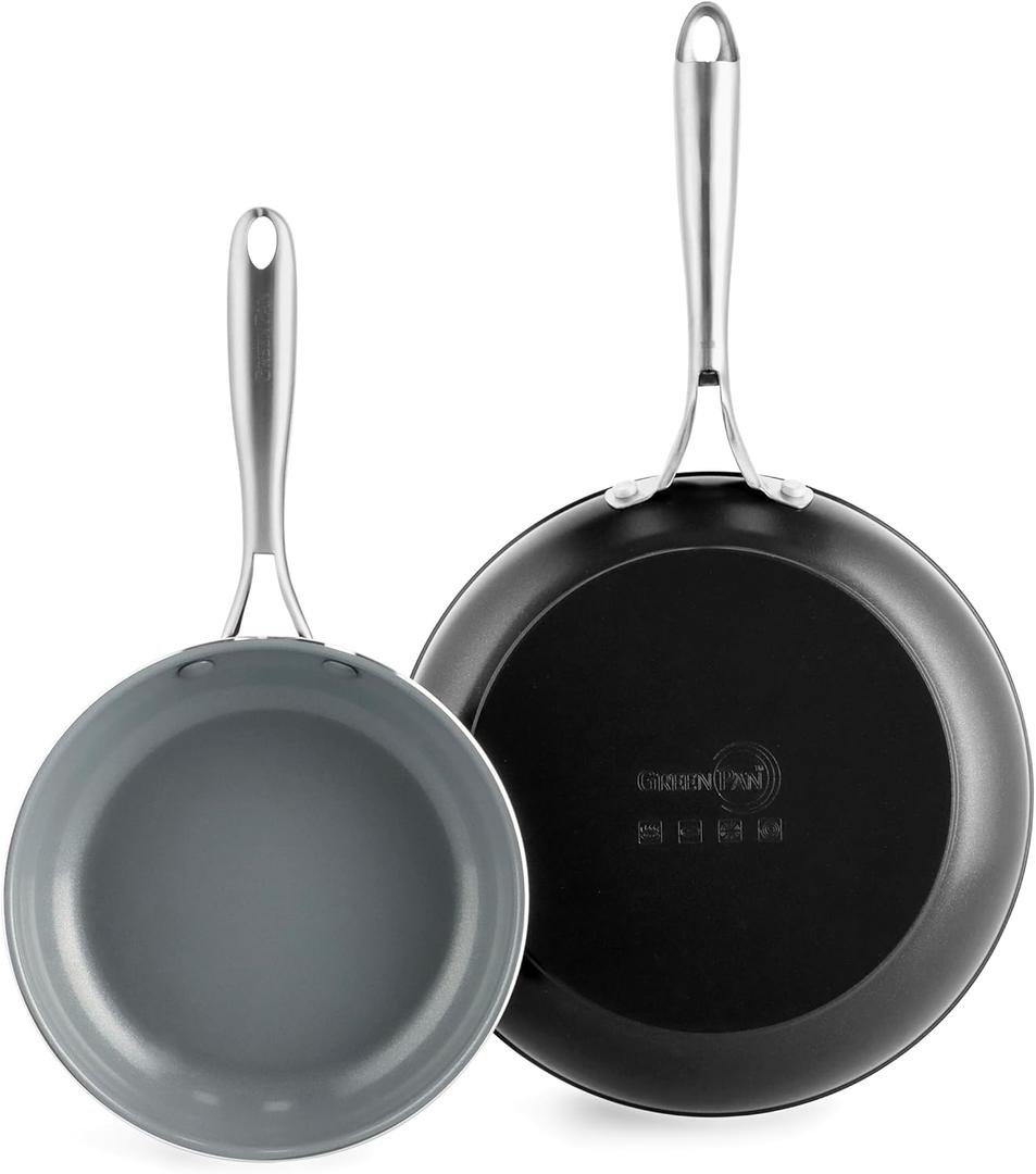 GreenPan Swift Healthy Ceramic Nonstick, 8" and 10" Frying Pan Skillet Set, Stainless Steel Handles, PFAS-Free, Dishwasher Safe, Oven Safe, Black (Gray)