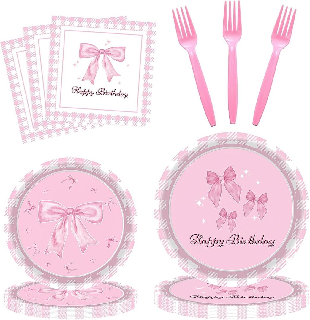 Pink Bow Paper Plates Napkins Forks Tableware Set for Girls Baby Shower Coquette Pink Bow Themed Birthday Party Supplies Decorations