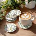 Cute Coasters for Drinks, Vintage Flora Coasters Set of 6, Plant Flowers Round Absorbent Ceramic Stone Coaster with Cork Base, Vintage Outdoor Coster Modern Cool Floral Tea Cup Boho Coaster, 4 inches