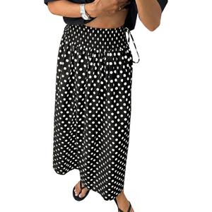 Tankaneo Womens Polka Dot Maxi Skirts Boho Smocked High Waisted Tie Skirt Casual Beach Vacation Dress, Black, Small