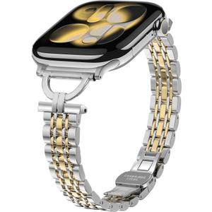 Slim Stainless Steel Band Compatible with Apple Watch Series 11/10/9/8/7/6/5/4 46mm 45mm 44mm 42mm, Women's Fashion Elegant Metal Strap for iWatch SE 2/3,Silver/Gold