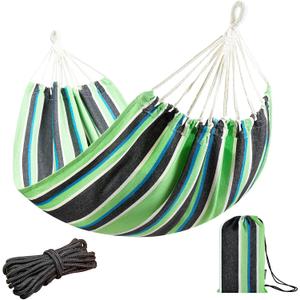 JoyView Brazilian Hammock for Single Preson - 78.8x39.4 Portable Cotton Hammock with Hanging Ropes & Carry Bag Large for Patio 300LBS Capacity Perfect for Outdoor/Indoor - Green/Black Stripe
