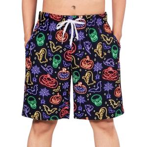 Men's Halloween Pajama Bottoms Black Neon Pajama Shorts Pumpkin Drawstring Pjs Shorts Pj Bottoms with Pockets Spider Web Elastic Sleepwear Skeleton Skull Soft Lounge Wear for Men, Large