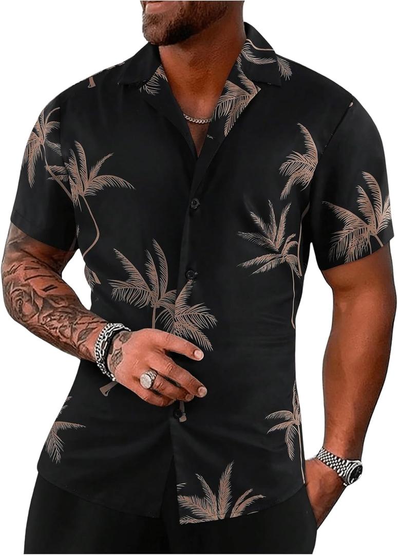 Milumia Men's Tropical Print Short Sleeve Collared Vacation Button Down Shirts Black, Medium