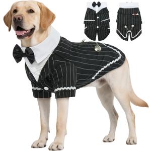 DENTRUN Dog Tuxedo Suit with Bow Tie - Formal Black & White Striped Pet Costume Shirt, Elegant Wedding Outfit Birthday Party Attire for Siberian Husky Border Collie Large Dogs, XL