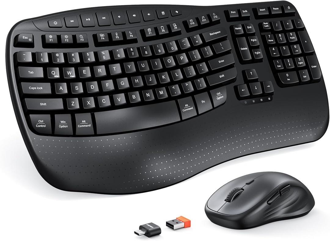 MEETION Ergonomic Keyboard and Mouse Wireless Combo, Wave Keys Natural Typing, 2.4G USB Receiver Wireless Keyboard with Wrist Rest, 4 Adjustable DPI Optical Mouse, Computer/Laptop/Windows/Mac, Black