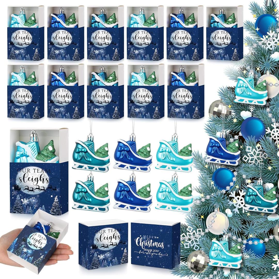 20 Set Sleigh Christmas Team Appreciation Gifts Our Team Sleigh Ornaments with Support Gift Boxes Winter Hanging Blue Decoration for Xmas Tree Coworker Office Employee Group Staff Wonderland Party