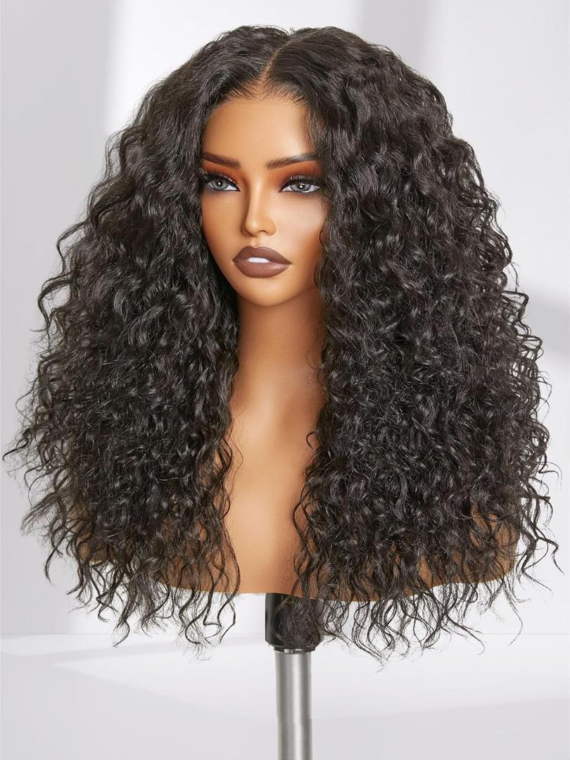 GORGIUS Glueless Curly Lace Front Wig Pre Plucked Middle Part Closure Wig 20 Inch Natural Black Pre Cut Synthetic Curl Wig Upgraded with Premium Human-Hair-Like Fiber