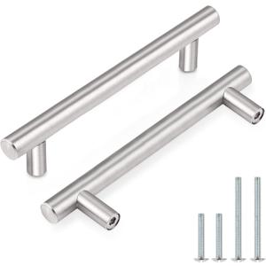 Probrico 30 Pack|4 Inch Hole Centers Satin Nickel Cabinet Handles, Euro Style Drawer Pulls, Stainless Steel Modern Round T Bar Kitchen Cabinet Pulls, Cabinet Hardware for Bathroom Bedroom