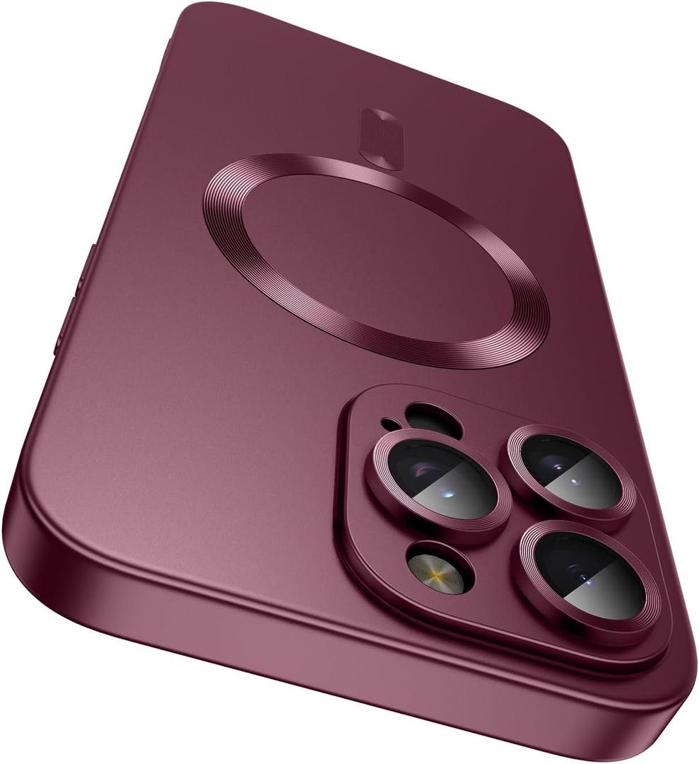 LEKEVO Magnetic for iPhone 15 Pro Case [Compatible with Mag Safe][Built-in Camera Lens Protector] Slim Soft Silicone Bumper Shockproof Metallic Shine Phone Case (Burgundy)