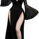 Women Gothic V Neck High Slit Witch Sleeve Lace Patchwork Ghost Bridal Goth Dress Without Corset (Large) 