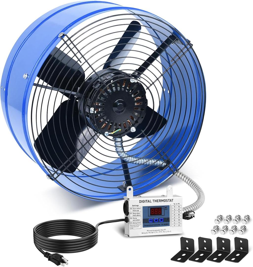 15" Attic Exhaust Fan with Thermostat - 1300CFM Gable Vent Fan with Thermostat Covers 1850 Sq.ft, Plug-and-Play Gable Attic Fans with 20FT Power Cord & 60Hz Motor Low Noise for Home Garage Shed