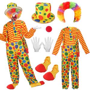 Liitrsh 7 Pcs Halloween Adult Clown Costume Set Includes Halloween Accessories Rainbow Clown Wig Nose White Gloves Bag Clown Shoes Hat for Men Cosplay Party Circus Props Carnival Favors