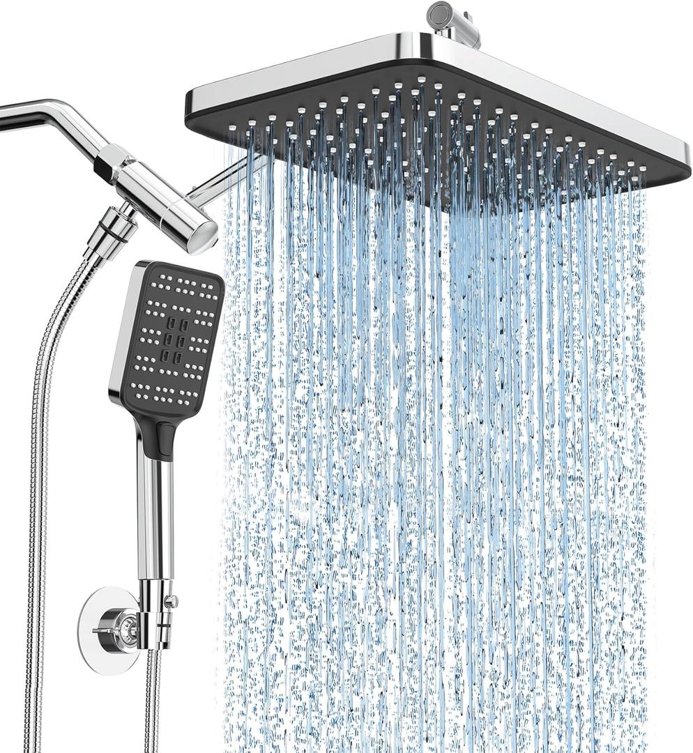 High Pressure Rain Shower Head with Handheld Spray Combo Set, Adjustable 12" Rainfall Dual Shower Head, Double&Tandem Shower Head, Waterfall Showerhead Bathroom -Silver Chrome
