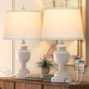 Table Lamps Set of 2, Modern Farmhouse Nightstand Lamp with USB Ports, 3-Way Dimmable Touch Control Washed White Bedside Lamps with Off-White Linen Shade for Bedroom Living Room, Bulbs Included